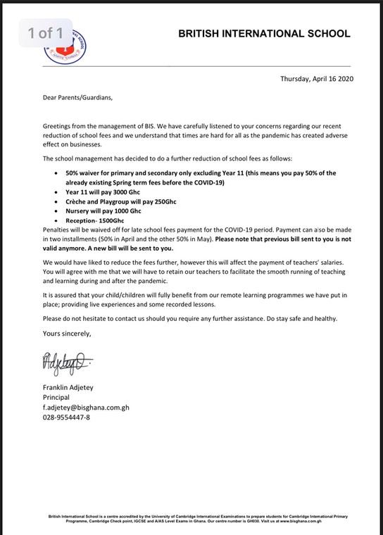 Letter from British International School