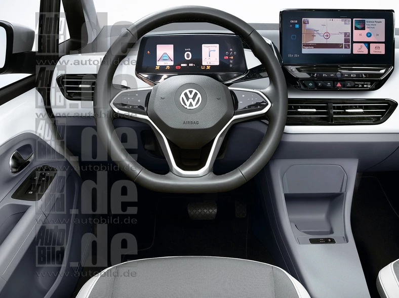 Kokpit Volkswagena ID.3: dwa małe ekrany zamiast wielkiego kinowego w Golfie. Prawie bez przycisków, za to z olbrzymim wyświetlaczem head-up