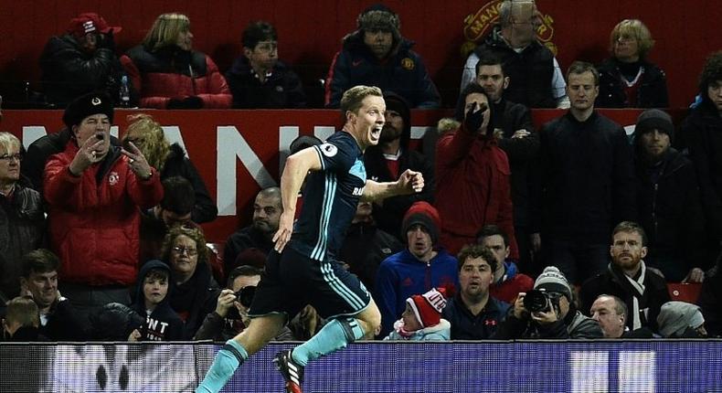 Middlesbrough's midfielder Grant Leadbitter celebrates scoring his team's first goal during the English Premier League football match between Manchester United and Middlesbrough at Old Trafford in Manchester, north west England, on December 31, 2016