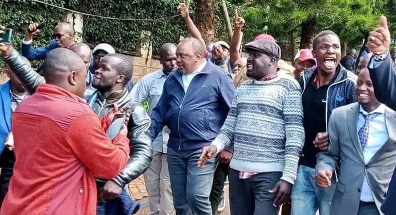 Former President Uhuru Kenyatta arrives at Jubilee party headquarters in Kileleshwa on April, 26, 2023.