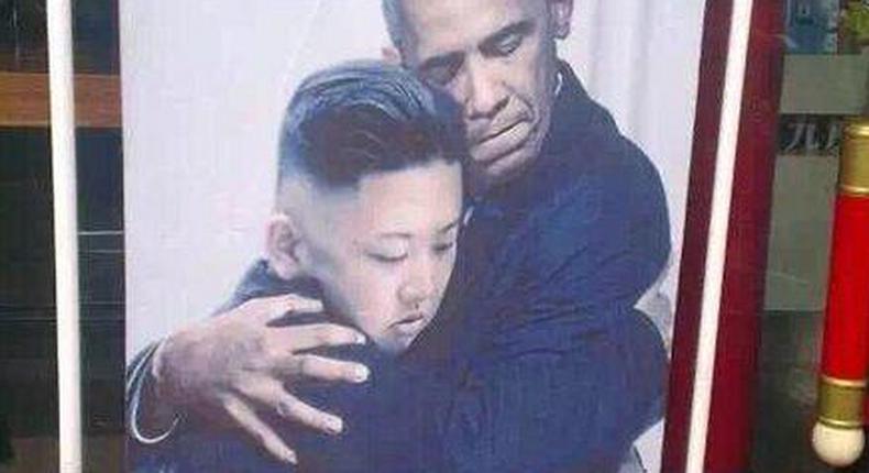 A Chinese tea ad Photoshopped Obama and Kim Jong Un in a loving hug