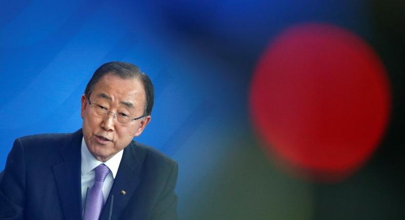 U.N. Secretary General Ban Ki-moon addresses a news conference in Berlin, Germany, March 8, 2016.   REUTERS/Fabrizio Bensch