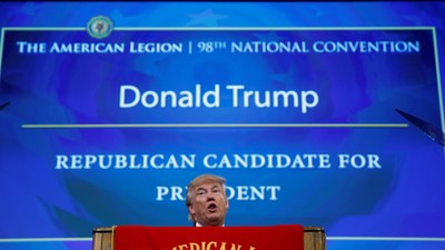 Republican presidential nominee Donald Trump speaks to the American Legion National Convention in Ci