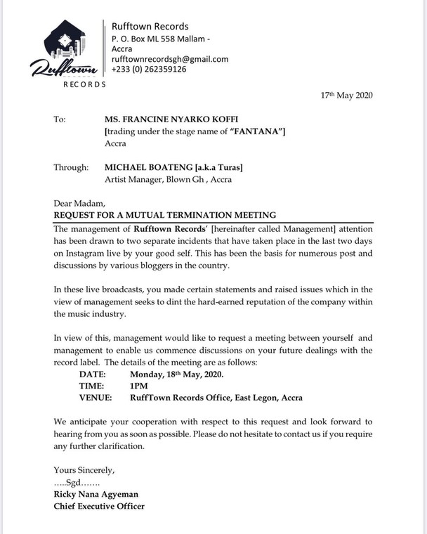 Rufftown Records' letter to Fantana