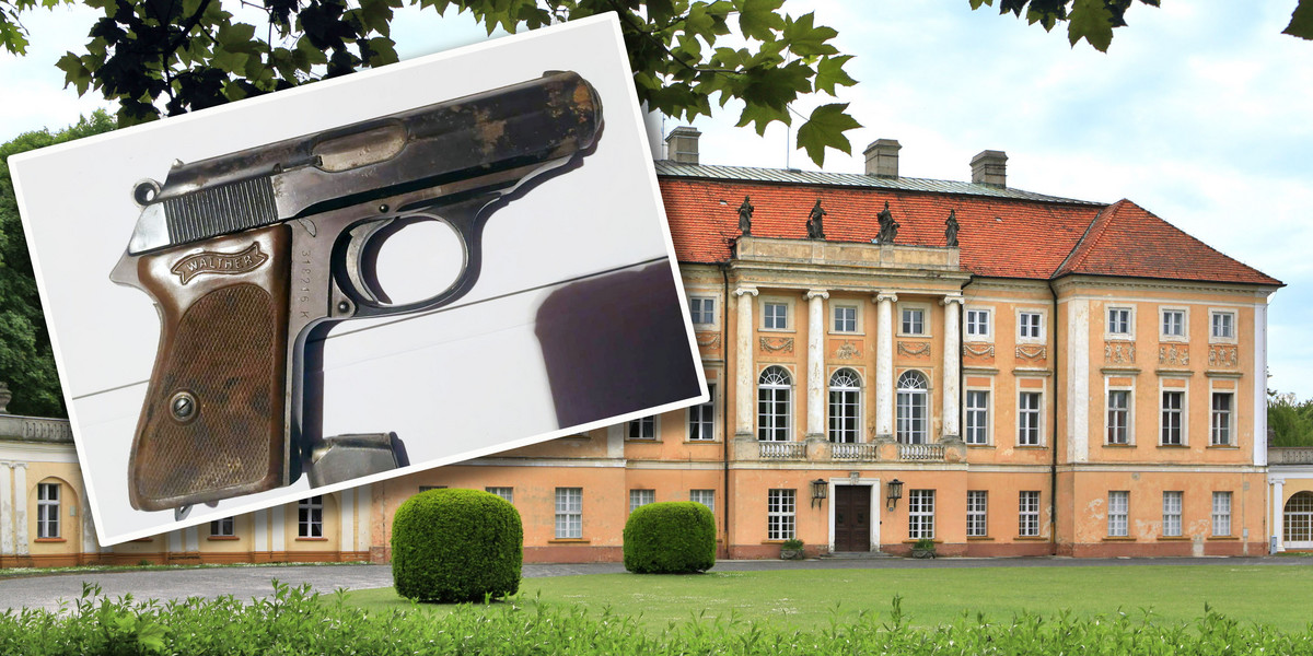 Broń Walther PPK znaleziona pod podłogą w kompleksie pałacowym w Pawłowicach.