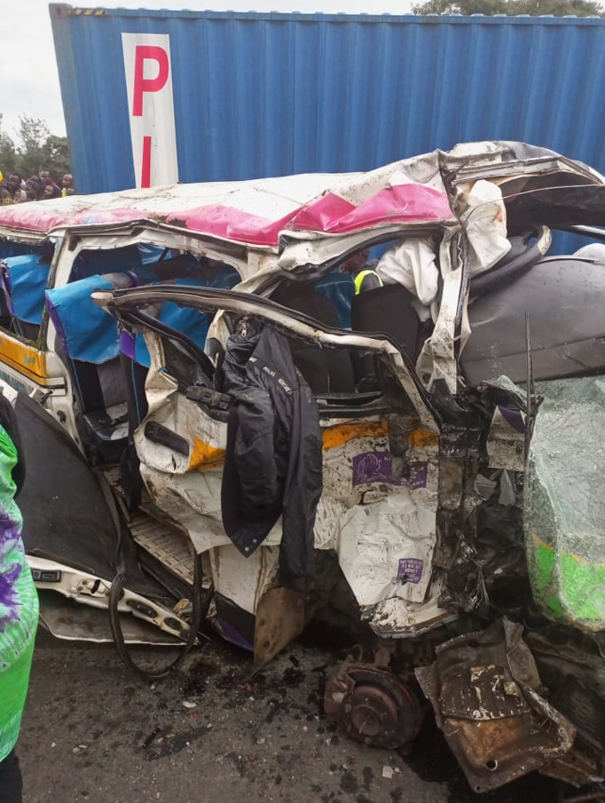 The accident scene at the Nakuru-Eldoret Highway involving two PSVs and a truck