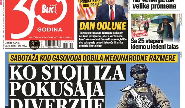 Blic naslovna strana za 7.4.