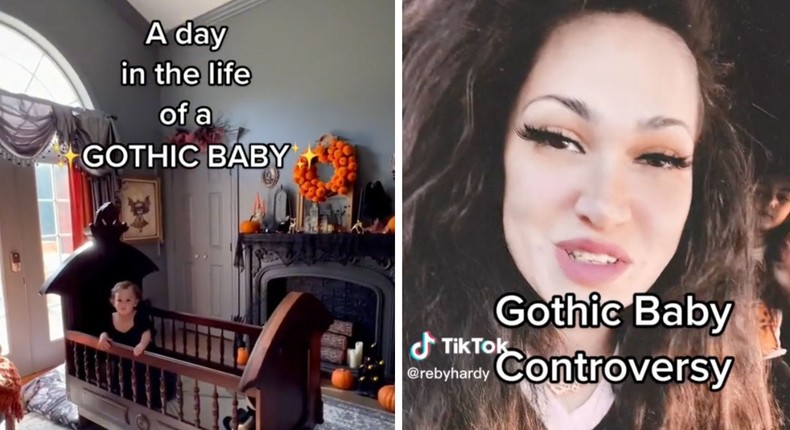 TikToker Reby Hardy styled her child as a gothic baby in a satirical series.TikTok: @RebyHardy, Reby Hardy