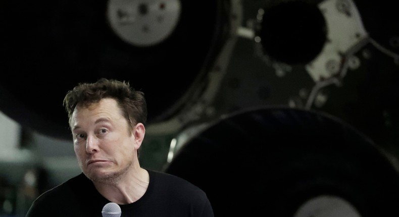 Elon Musk makes a face while presenting an updated design of SpaceX's Big Falcon Rocket.