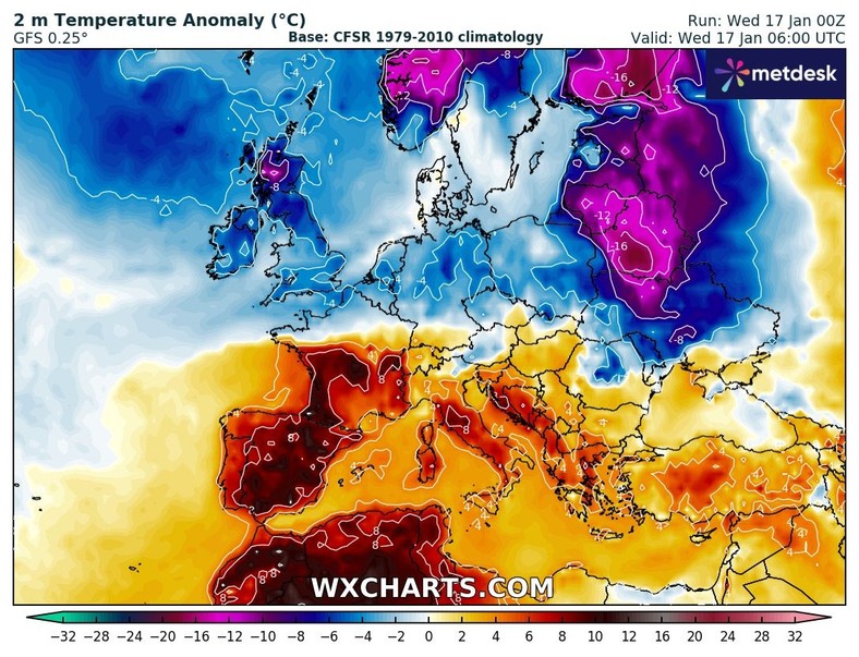 Nad Polską zalega mroźne powietrze, co widać na mapie anomalii temperatury.