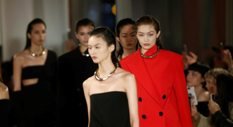 US model Gigi Hadid presents a creation at the Proenza Schouler fashion show during February 2020 - New York Fashion Week: The Shows at the Spring Studios on February 10, 2020 in New York City