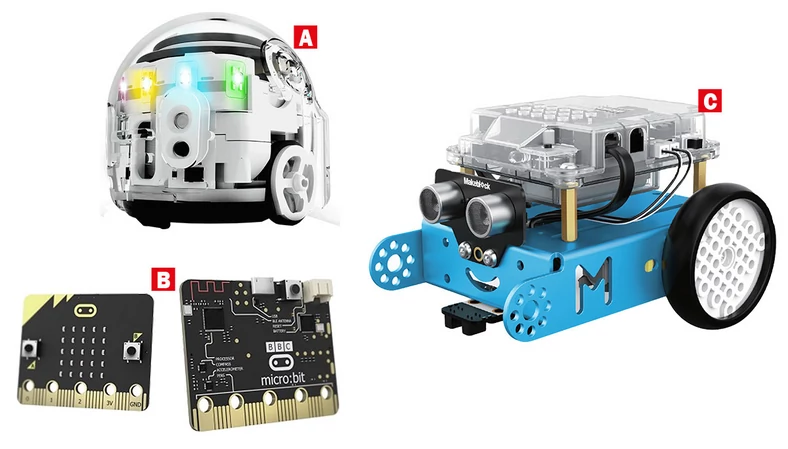 Na rynku konkuruje ze sobą także wiele innych rozwiązań, a do najczęściej wybieranych należą również: Ozobot (A), BBC micro:bit (B) oraz MakeBlock (C)