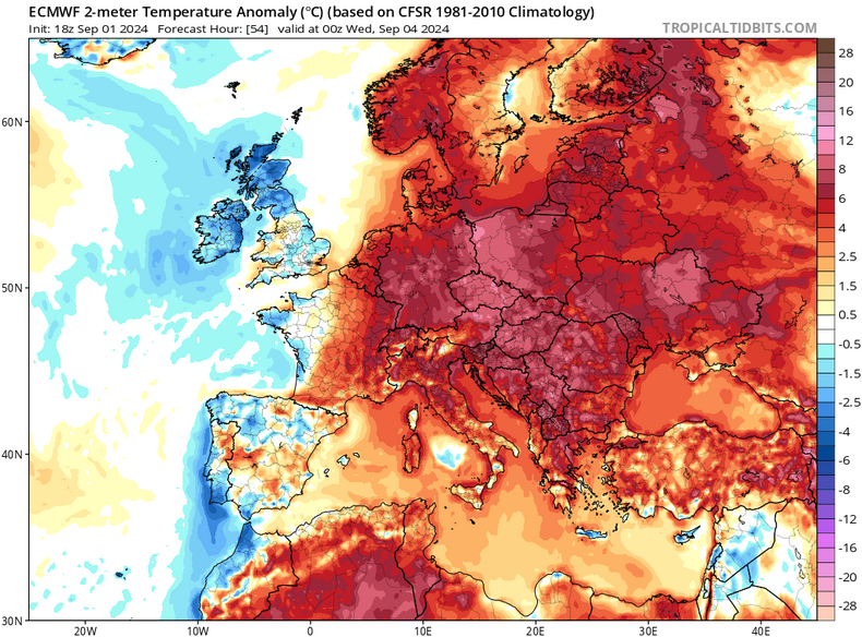 Prognoza anomalii temperatury w Europie w nocy z wtorku na środę