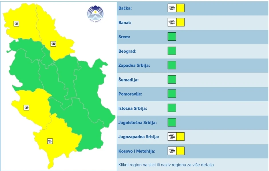 Meteoalarm za ponedeljak