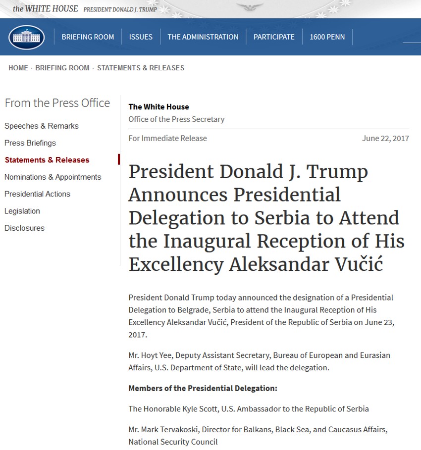 Zvanična objava na sajtu Bele kuće