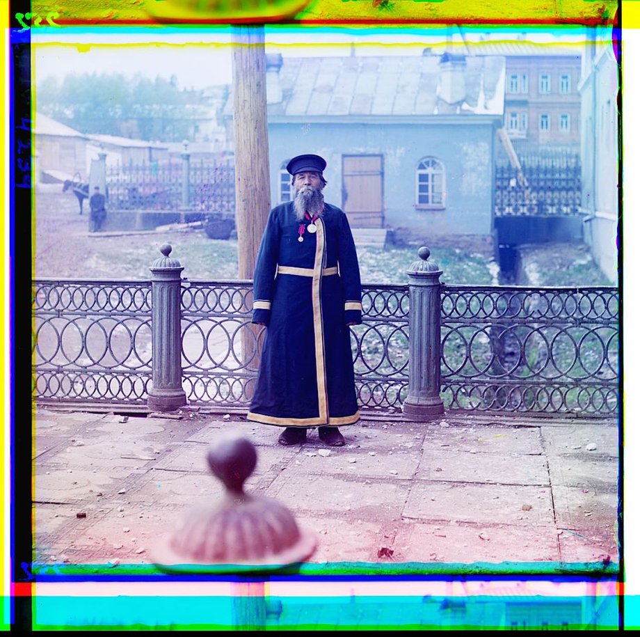 Andrei Petrov Kalganov, a former master at a production plant, poses in regalia, after being able to present bread and salt to His Imperial Majesty, the Sovereign Emperor Nicholas II.