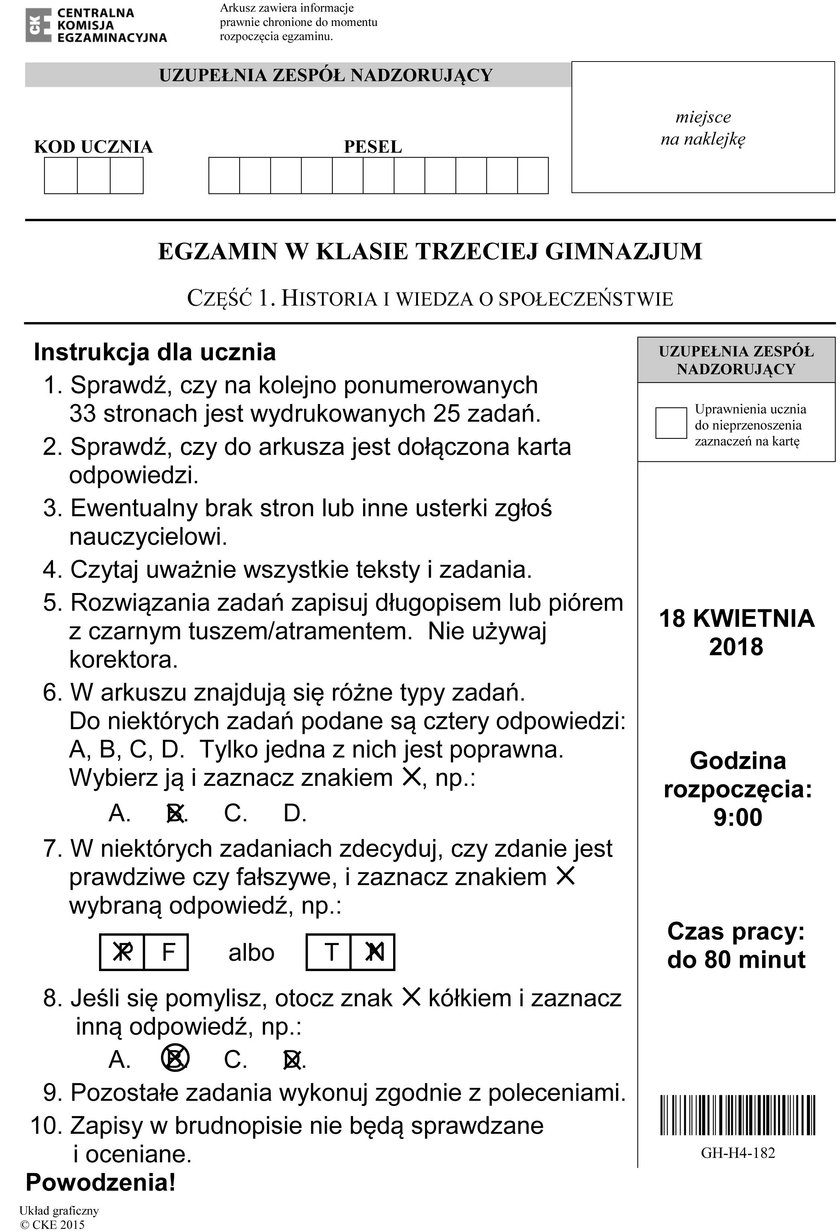 Egzamin Gimnazjalny 2018: Historia i WOS - Odpowiedzi i Arkusze