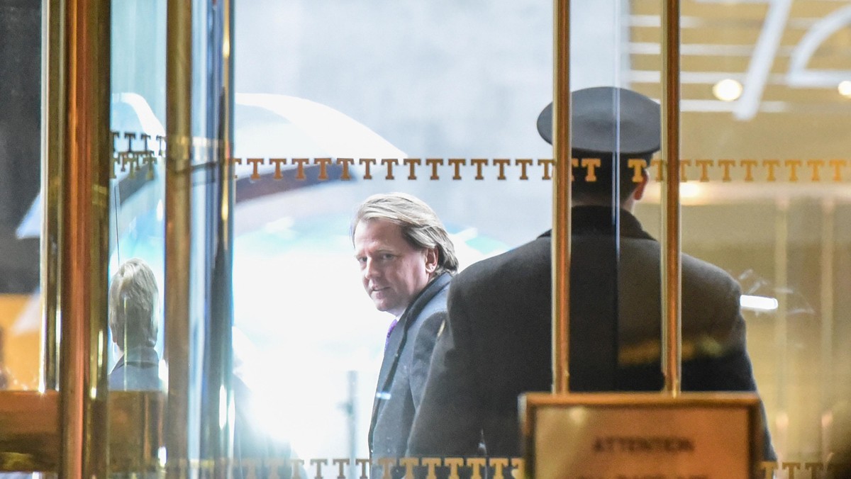 Donald F. McGahn, an American campaign finance lawyer, exits Trump Tower in New York City