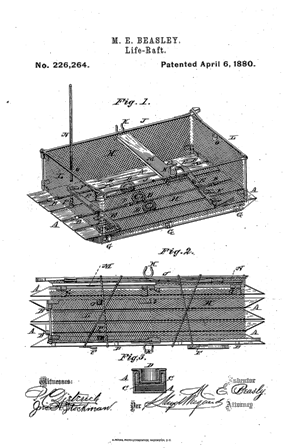 Rysunek techniczny tratwy ratunkowej dołączony do wniosku patentowego przez Marię Beasley  