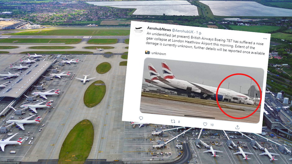 Na lotnisku Heathrow w Londynie czubek samolotu runął na asfalt 