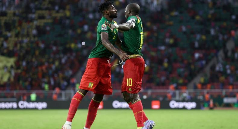 Vincent Aboubakar (R) celebrates after scoring in Cameroon's 4-1 win over Ethiopia at the Africa Cup of Nations on Thursday Creator: KENZO TRIBOUILLARD