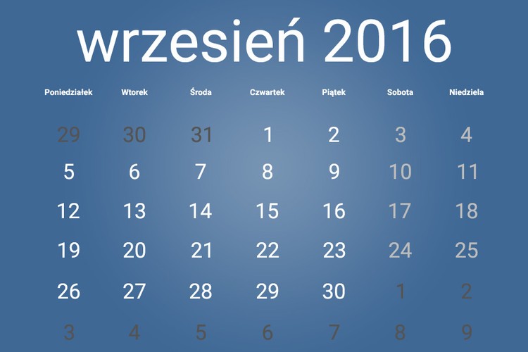 We wrześniu 2016 nie przypadają żadne dni wolne od pracy.