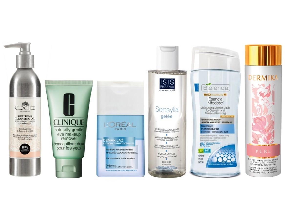 1. Olejek wygładzający do mycia twarzy i demakijażu Clochee 250 ml, cena ok. 89 zł; 2. Krem do demakijażu Clinique Naturally Gentle Eye Make Up Remover 75 ml, cena ok. 73 zł; 3. Łagodny, dwufazowy płyn do demakijażu Loreal 125 ml, cena ok. 12 zł; 4. Delikatny żel do demakijażu Isispharma Sensylia 200 ml, cena ok. 49 zł; 5. Nawilżający płyn micelarny Bielenda Biotechnologia 30+ 200 ml, cena ok. 14 zł; 6.Tonik z kwasami AHD o właściwościach nawilżająco-złuszczających Dermika Pure 200 ml, cena ok. 25 zł.