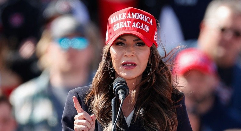 South Dakota Governor Kristi Noem speaks before former US President and Republican presidential candidate Donald Trump takes the stage during a Buckeye Values PAC Rally in Vandalia, Ohio, on March 16, 2024.KAMIL KRZACZYNSKI/AFP via Getty Images