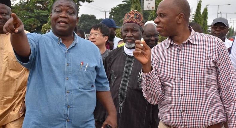 From Left, Managing Director, Nigerian Railway Corporation,Mr Fidet Okhiria, Chairman Board Of Directors Nigerian Railway Corporation,Malam Ibrahim Al-Hassan Musa And Minister Of Transportation, Rotimi Amaechi During The Inspection Of Lagos-Ibadan Standard Rail Guage on Friday in Lagos.(NAN)