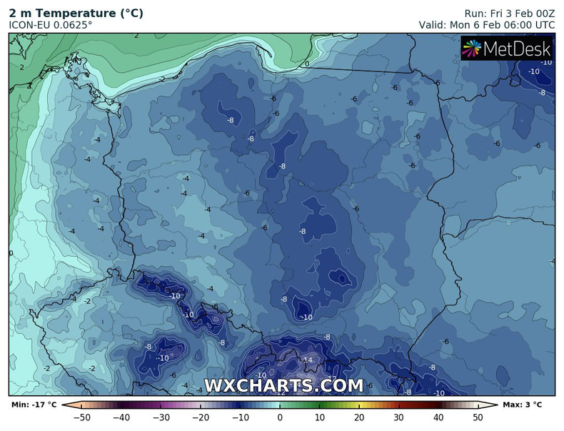 Nocami, przy rozpogodzeniach, temperatura może spadać do -10 st. C, a w kotlinach górskich jeszcze bardziej