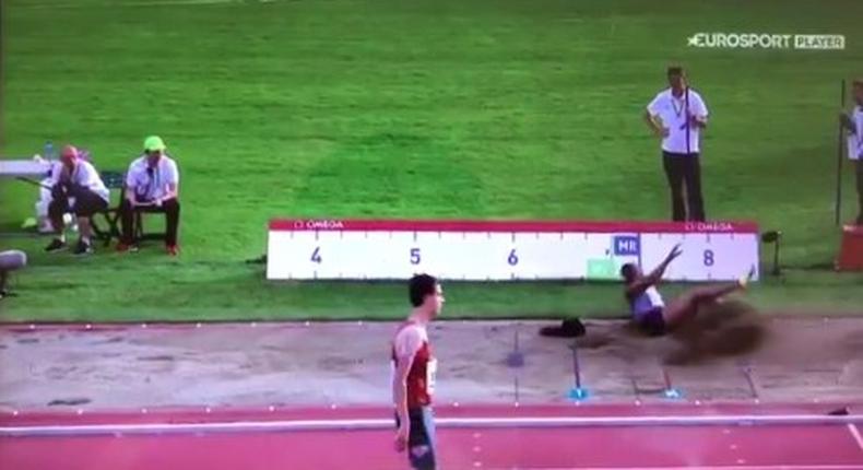 Blessing Okagbure loses wig at Oslo Diamond League long jump event.