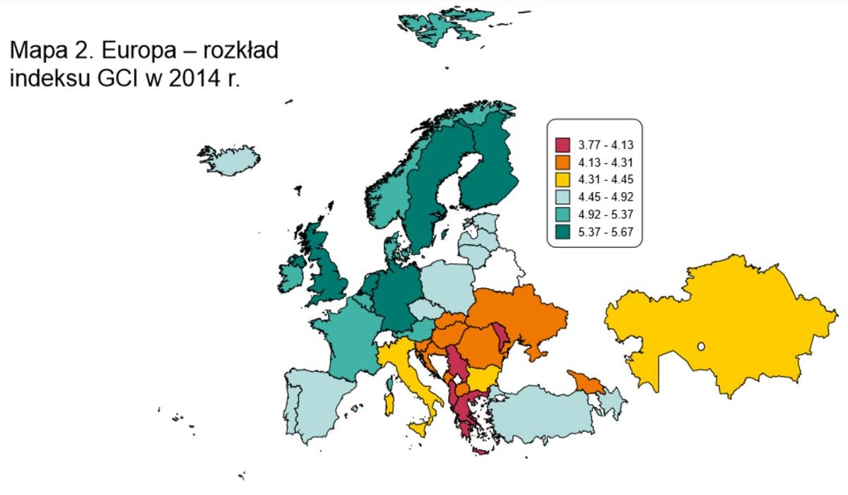 Ranking konkurencyjności WEF - mapa Europy, źródło: NBP