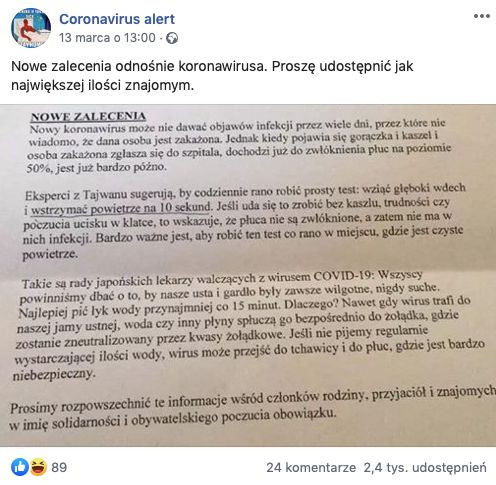 Koronawirus - przegląd fake newsów