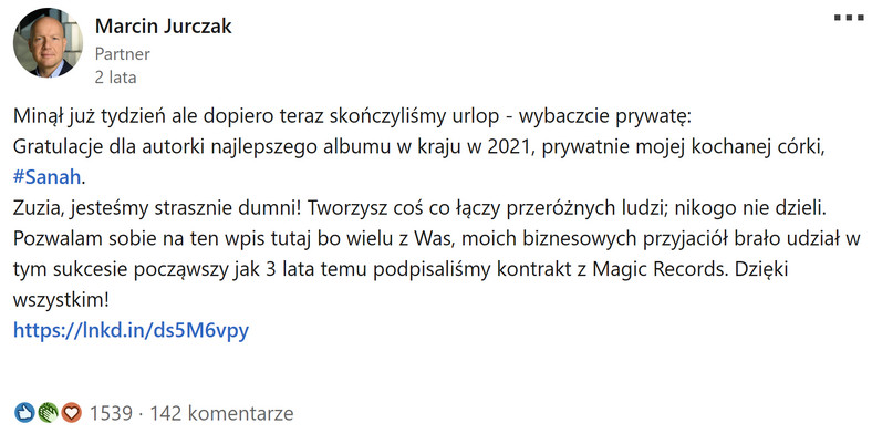 Wpis Marcina Jurczaka na LinkedIn