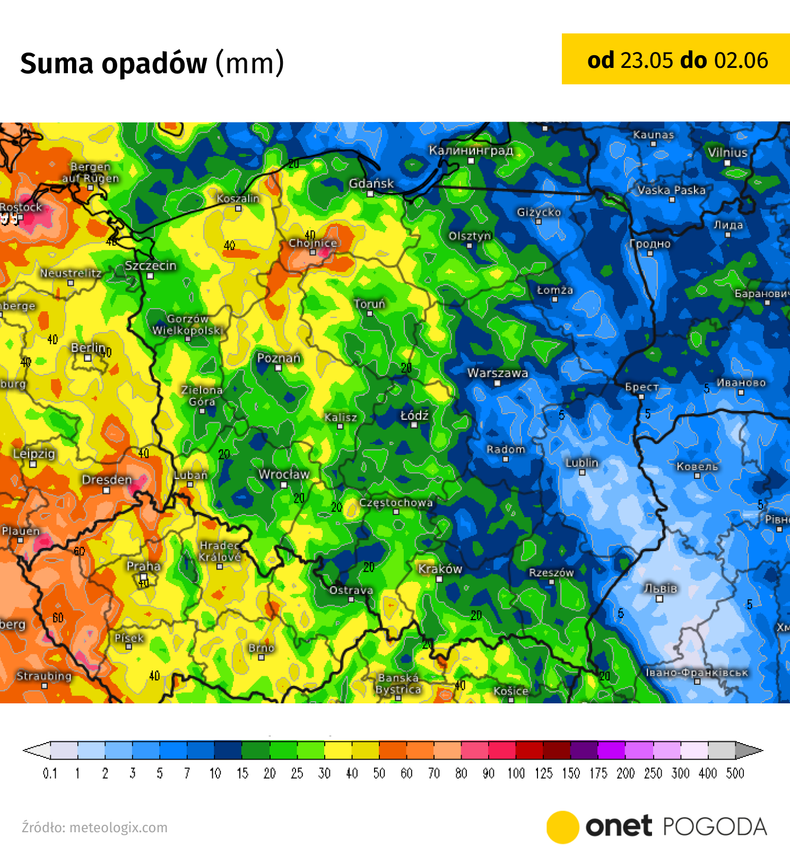 Prognozowana suma opadów w Polsce do 2 czerwca