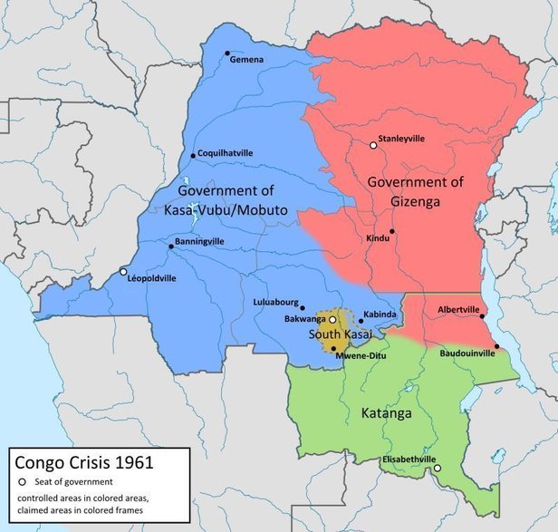 Mapa Kongo w czasie wojny domowej w początku lat 60. (aut. Don-kun, Uwe Dedering, opublikowano na licencji Creative Commons Uznanie autorstwa 3.0)