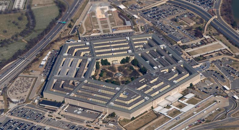 The Pentagon is seen from Air Force One as it flies over Washington, March 2, 2022. A wayward and unresponsive business jet that flew over the nation's capital Sunday afternoon, June 4, 2023, caused the military to scramble a fighter plane before the jet crashed in Virginia, officials said. The fighter jet caused a loud sonic boom that was heard across the capital region.AP Photo/Patrick Semansky, File