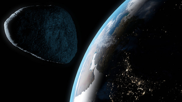 Artystyczna wizja asteroidy Apophis, zbliżającej się do Ziemi