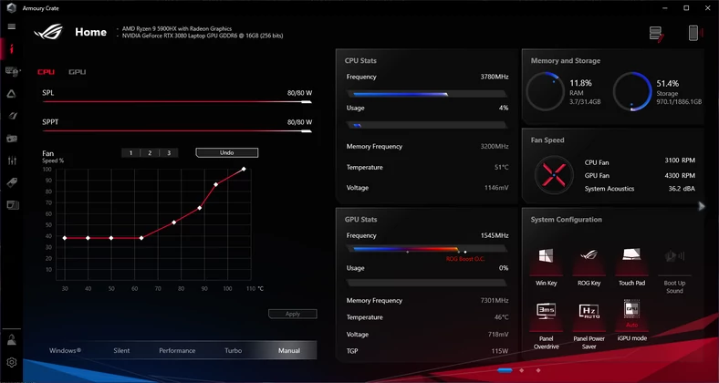 Asus ROG Strix SCAR 17 (G733QS) – możliwość regulacji mocy procesora i szybkości wentylatorów w Armour Crate