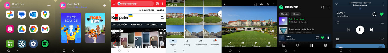 Widgety aplikacji GoodLock oraz ekrany uruchomionych za jego pomocą aplikacji - przeglądarki Chrome, Zdjęcia, Spotify (kliknij, aby powiększyć)