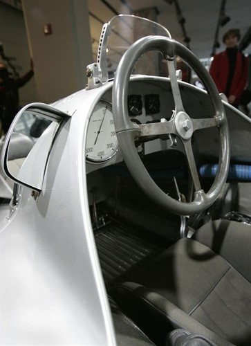 Detail of the cockpit and rear view mirror of the 1939 Auto Union D-Type at the Audi Forum, 25 January 2007, where it will be on public display for two days in New York. The car will be auctioned at Christie's International Motor Cars sale 17 February at Retromobile in Paris, with an expected price of USD 12 million to 15 million, a record for an automobile. The Auto Union D-Type was raced in various Grands Prix in Europe and won the 1939 French Grand Prix. AFP PHOTO/Stan HONDA