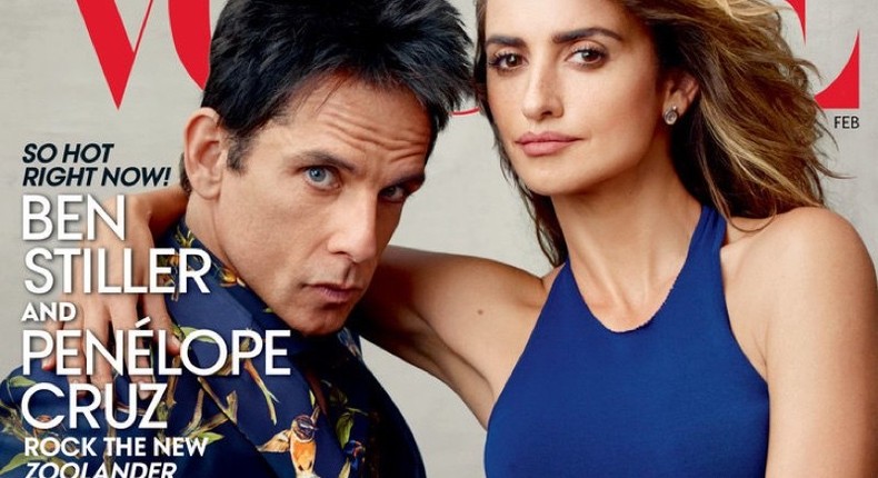 Ben Stiller as Derek Zoolander and Penelope Cruz for Vogue US February 2016 cover