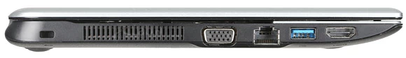 Lewa strona: zamek Kensington, D-sub, RJ-45, USB 3.0, HDMI