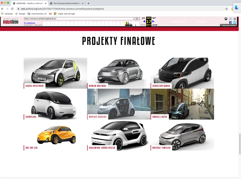 To zrzut ze starej strony internetowej spółki EMP – konkursowe wizualizacje narodowego samochodu na prąd 