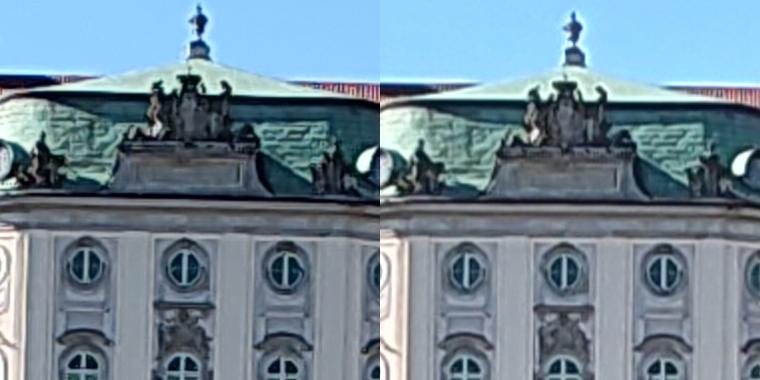 Wycinki w skali 1:1 z powyższych zdjęć - po lewej z kadru 50 MP, a po prawej z interpolowanego do 50 MP standardowego kadru 12,5 MP 
