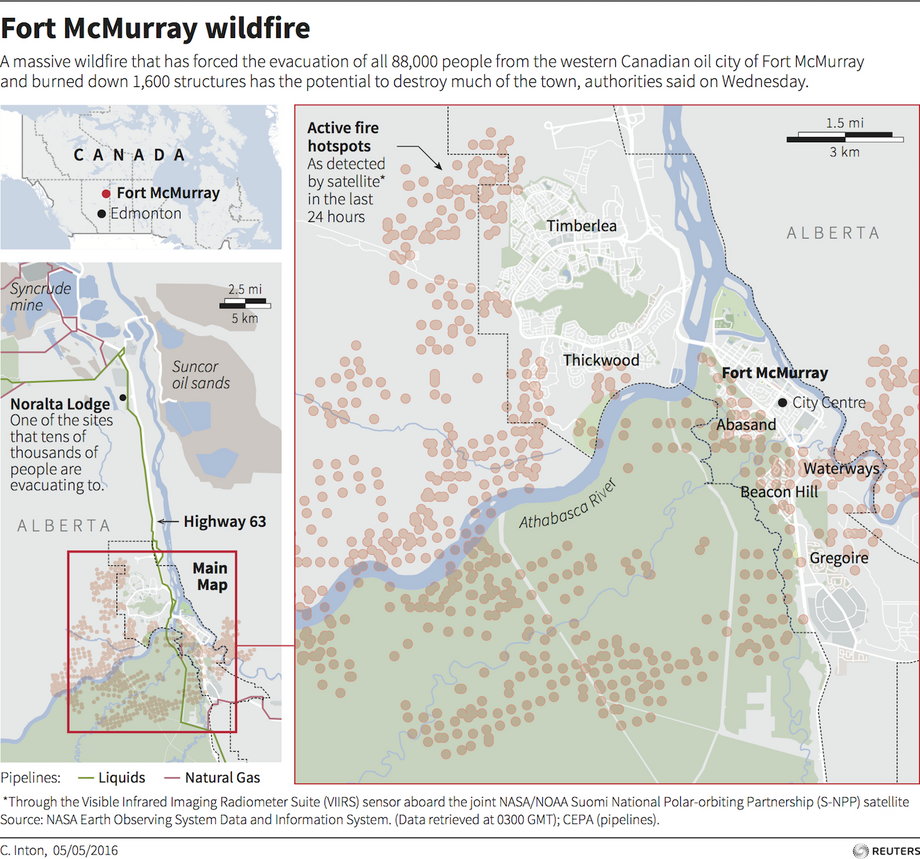 This map shows the full extent of the wildfire.