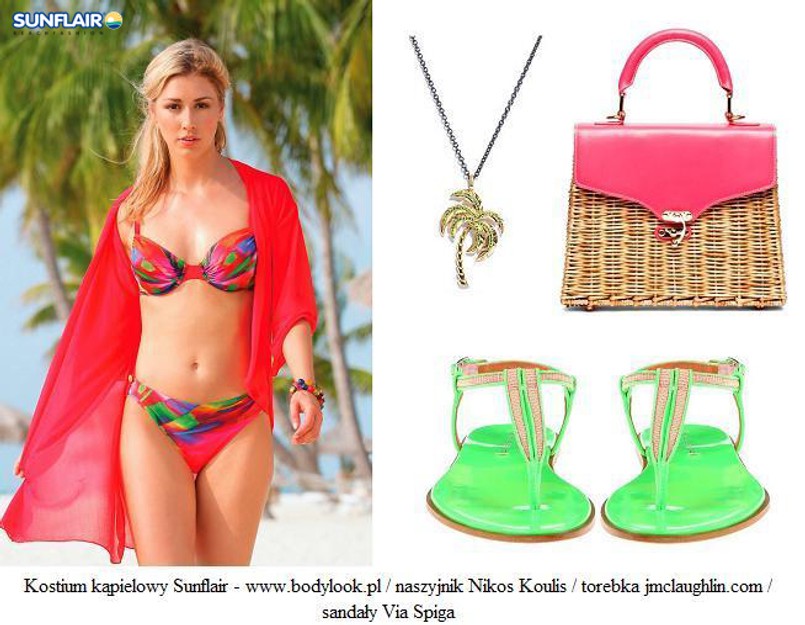 Lubisz klasycznie skrojone bikini? Wybierz więc model, w którym dominuje intensywna czerwień. Kostium ten wydłuży optycznie nogi i podkreśli złotą opaleniznę. Dobierz do niego akcesoria w kontrastujących barwach, takie jak pleciony kuferek z różowymi akcentami, zielone sandałki oraz delikatny wisiorek w kształcie palmy, który dodatkowo wysmukli sylwetkę