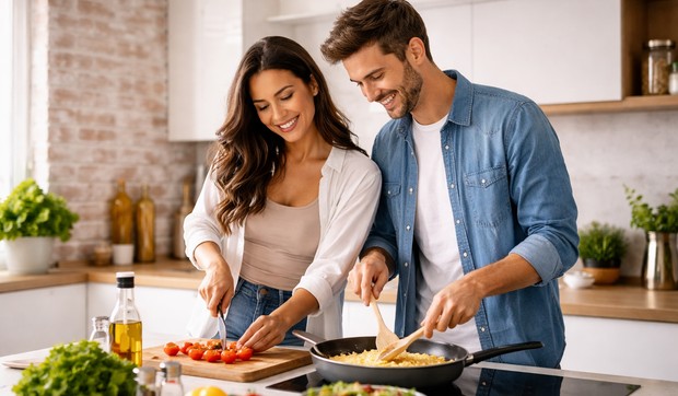 Devojka i momak spremaju hranu