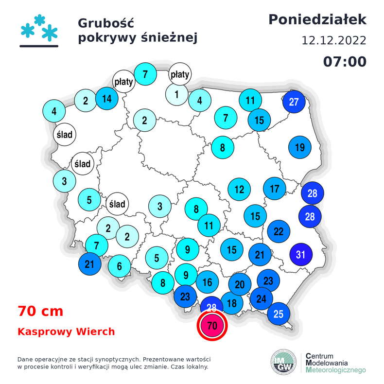Grubość pokrywy śnieżnej w Polsce 12 grudnia 2022 r.
