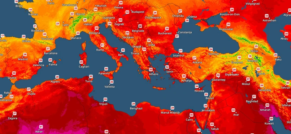 Mapa maksimalnih temperatura u sredu, 3.6.
